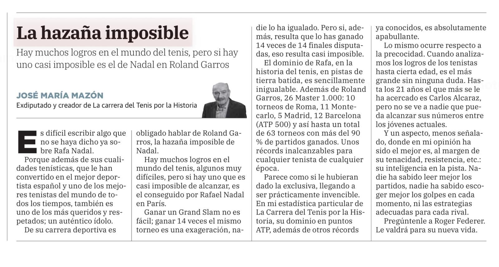 Articulo en el Diario Montañes sobre Nadal, La hazaña imposible